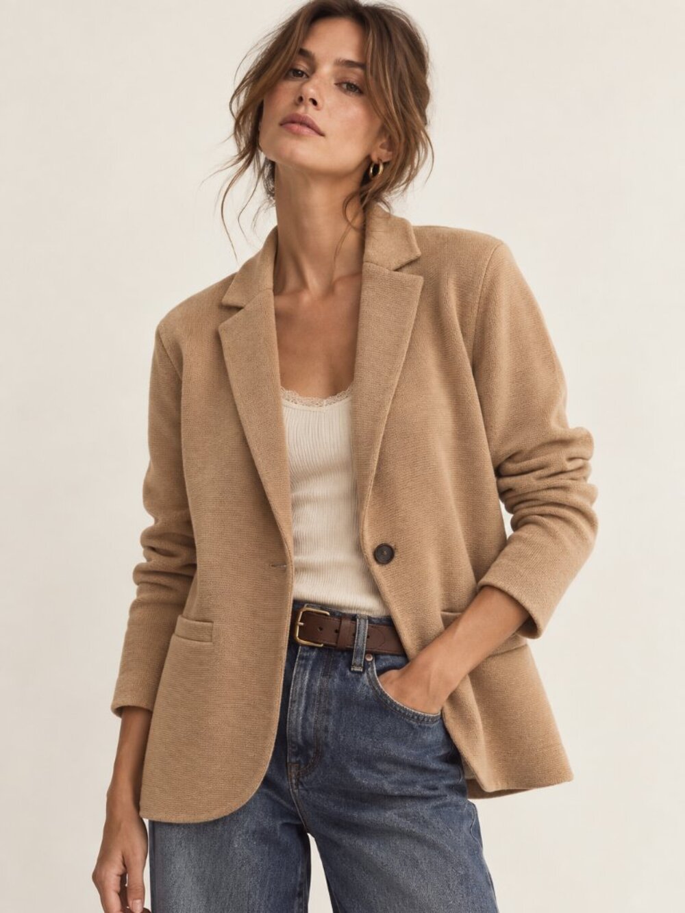 J.Crew Camel Tan 100% Cotton Knit Blazer Cardigan Jacket Size M